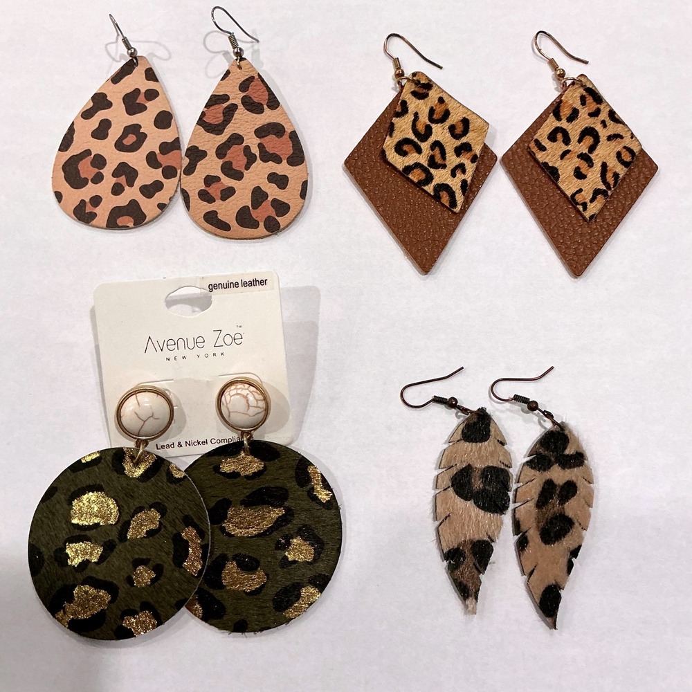 4 Pair Leopard Print Earring Bundle Leather Calf Hair Boho Dangles‎